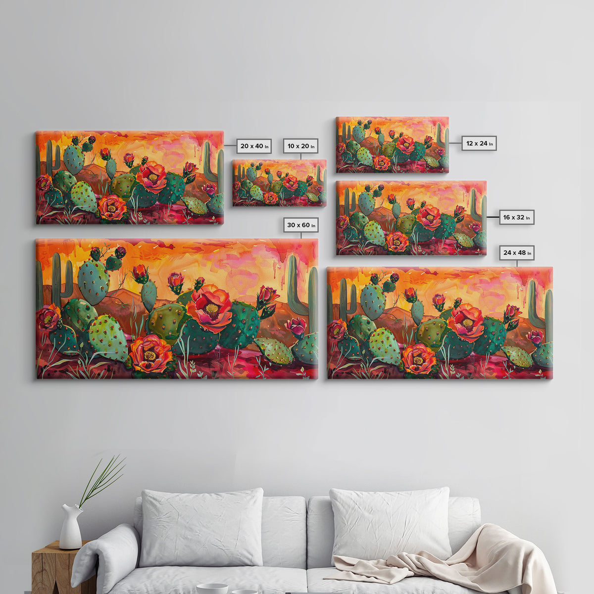 Prickly pear cacti with vibrant blooms in desert scene, Framed Canvas Print, great for modern living room, boho wall decor