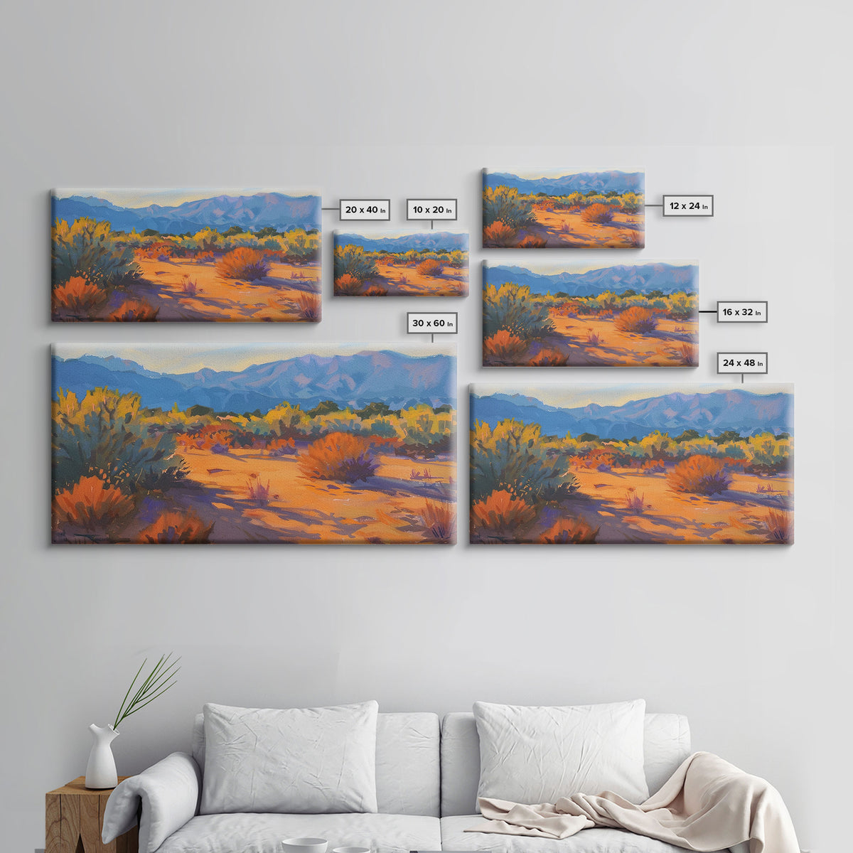 Serene desert landscape with vibrant colors, Framed Canvas Print, perfect for boho living room, southwestern wall art decor