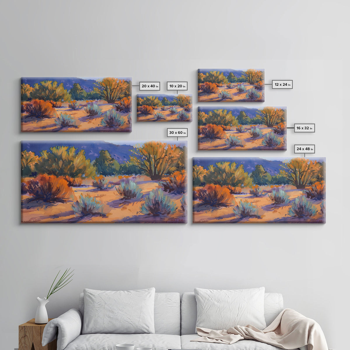 Colorful desert scene with distant mountains, Framed Canvas Print, ideal for minimalist living room, boho wall art decor