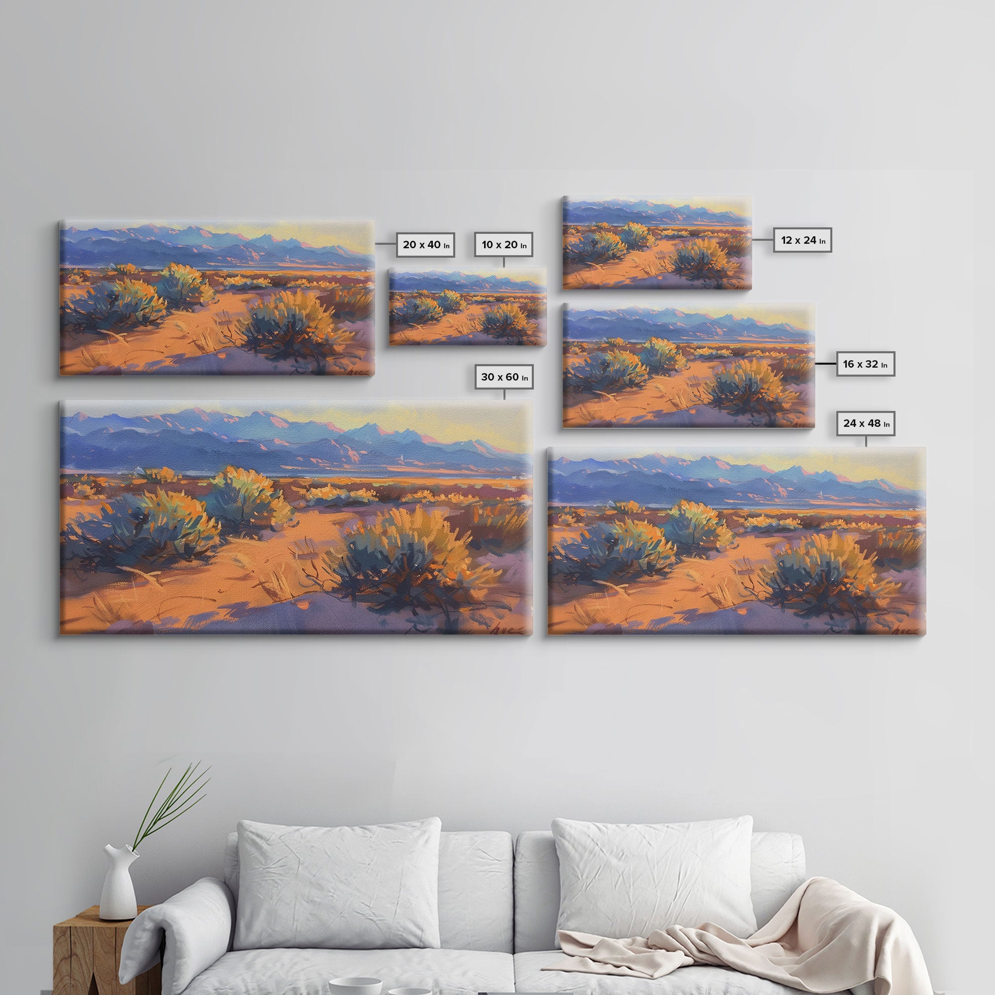 Desert brush and vibrant colors at sunset, Framed Canvas Print, perfect for southwestern living room, bohemian wall decor art