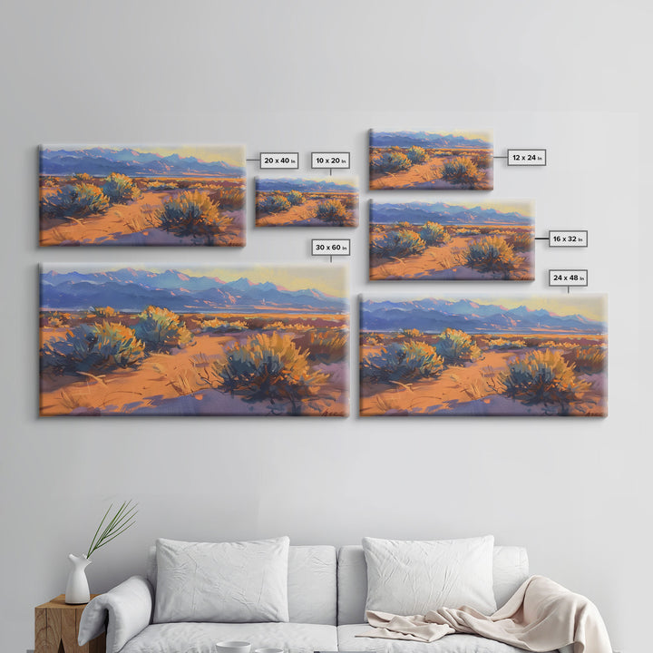 Desert brush and vibrant colors at sunset, Framed Canvas Print, perfect for southwestern living room, bohemian wall decor art