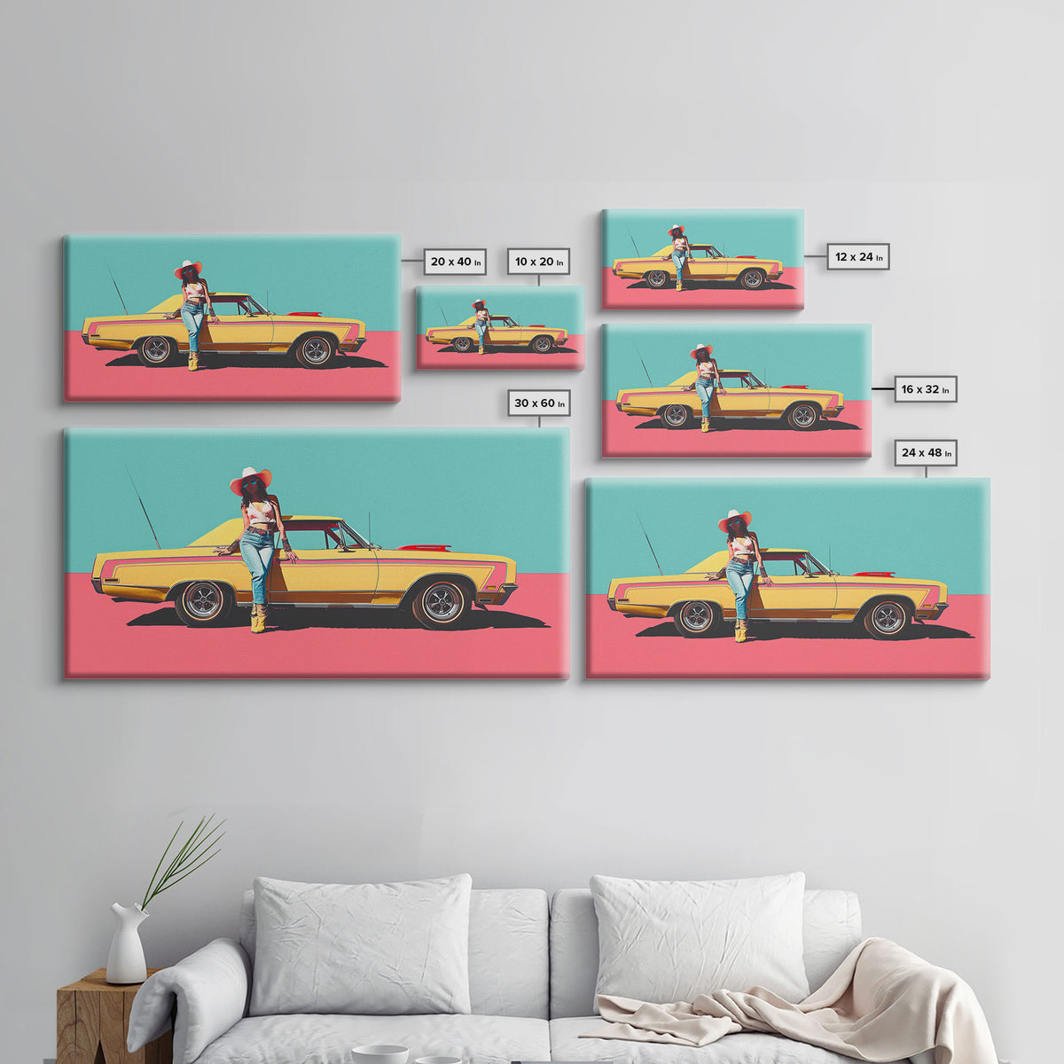 Bold Cowgirl Posing with Yellow Car, Pop Art Framed Canvas Print for Living Room, Ideal Bedroom Wall Art, Unique Home Decor