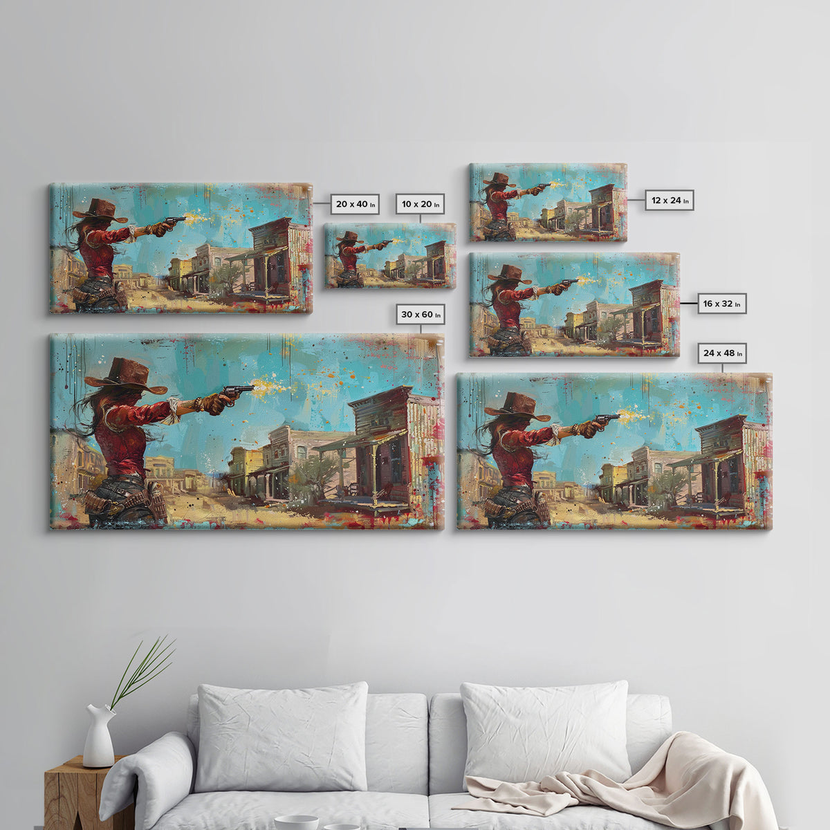 Framed Canvas Print Featuring Western Woman Shooting Revolver in Colorful Town, Ideal for Living Room Wall Art, Bedroom Decor
