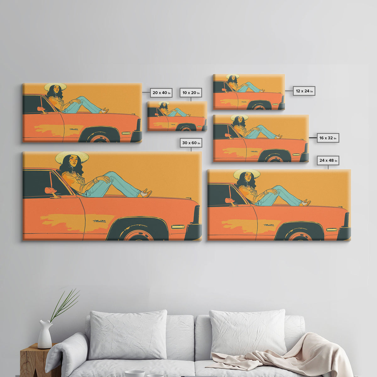 Relaxed Cowgirl Sitting on Car Hood, Retro Framed Canvas Print for Bedroom, Perfect Living Room Art, Vintage Wall Decor