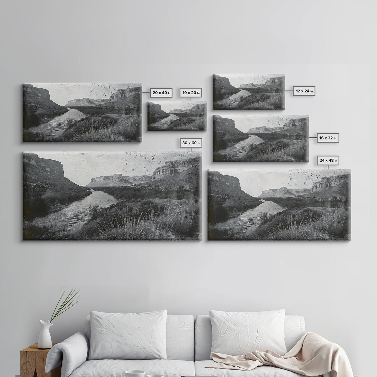 Vintage River Through Canyon, Framed Canvas Print for Rustic Living Room Decor, Ideal Western Wall Art, Bedroom Nature Scene