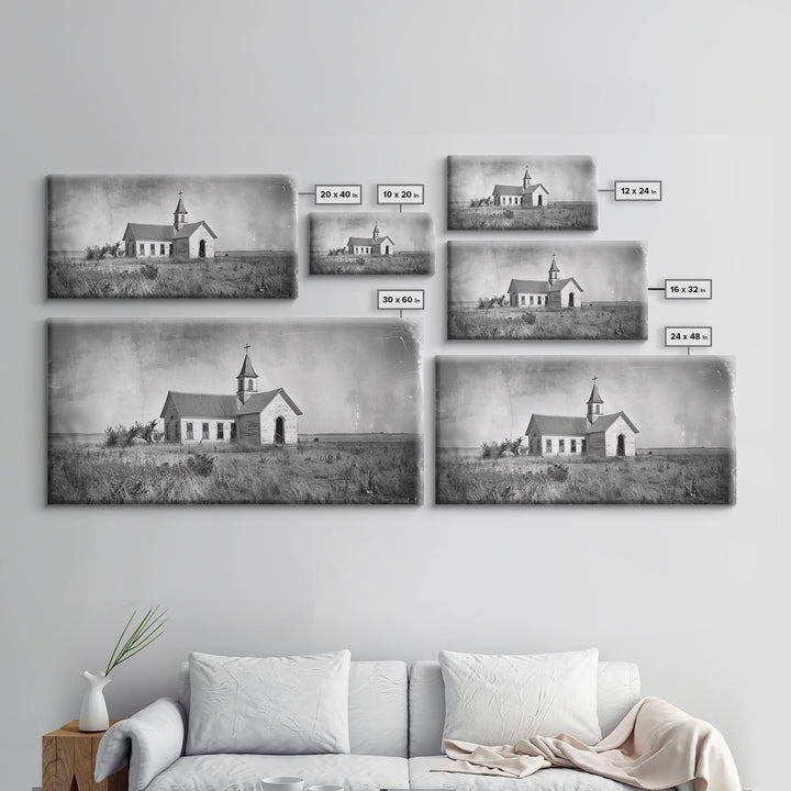 Vintage Country Church in Open Field, Framed Canvas Print for Living Room Decor, Perfect Bedroom Art, Rustic Western Wall Art