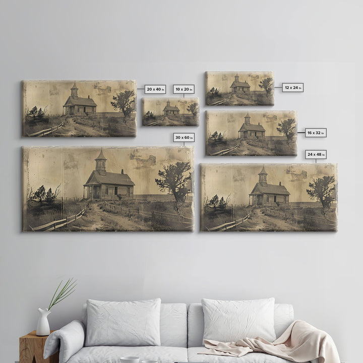 Old Country Church with Fenced Path, Framed Canvas Print for Living Room Decor, Perfect Bedroom Wall Art, Vintage Western Scene