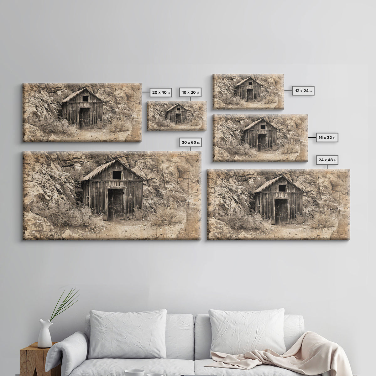 Old Wooden Shack in Rocky Terrain, Farmhouse Style Framed Canvas Print for Bedroom Art, Historical Home Decoration, Rustic Wall Art Piece