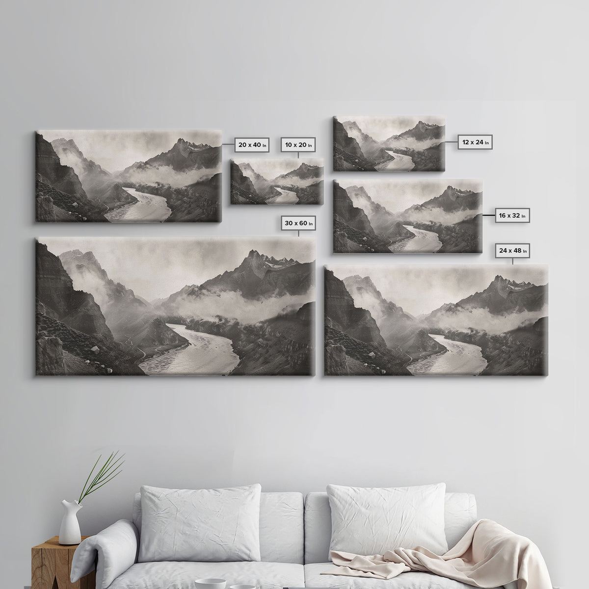River Flowing through Mountain Valley, Black and White Framed Canvas Print for Farmhouse Bedroom Wall Art, Home Decoration, Scenic Nature