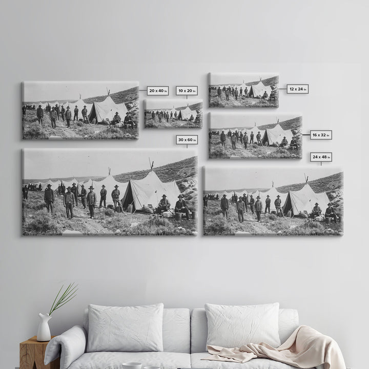 Military Camp with Tents and Soldiers, Farmhouse Style Framed Canvas Print for Historical Home Decor, Living Room Wall Art, Vintage Scene