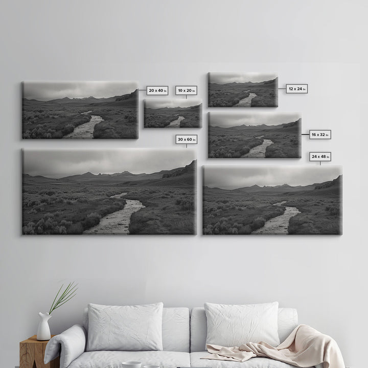 River and Rolling Hills Under Cloudy Sky, Black and White Framed Canvas Print Rustic Farmhouse Living Room Decor, Landscape Art, Home Decor