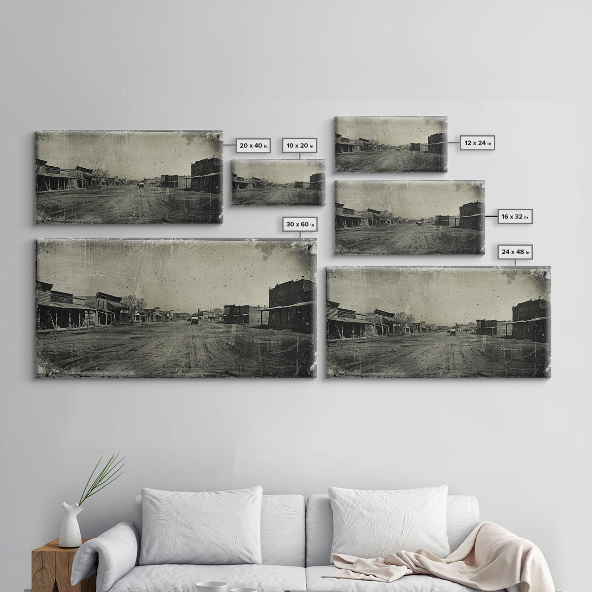 Deserted Old West Town Street, Sepia Framed Canvas Print Farmhouse Living Room Wall Art, Vintage Home Decor, Rustic Art Piece