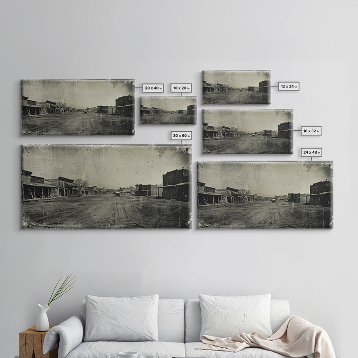 Deserted Old West Town Street, Sepia Framed Canvas Print Farmhouse Living Room Wall Art, Vintage Home Decor, Rustic Art Piece