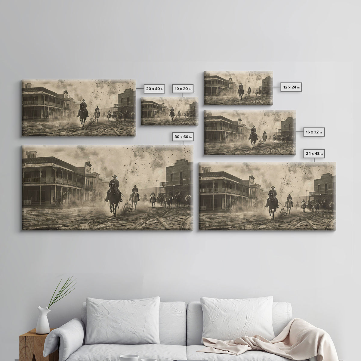 Cowboys Riding into Town, Vintage Framed Canvas Print Farmhouse Living Room Wall Art, Rustic Home Decor, Western Scene, Historical Art Piece