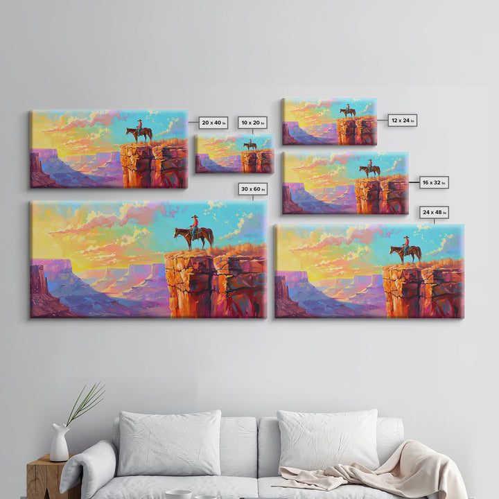 Cowboy on Horse Overlooking Canyon Sunset, Farmhouse Style Framed Canvas Print for Living Room Wall Art, Vibrant Home Decor, Western Scene