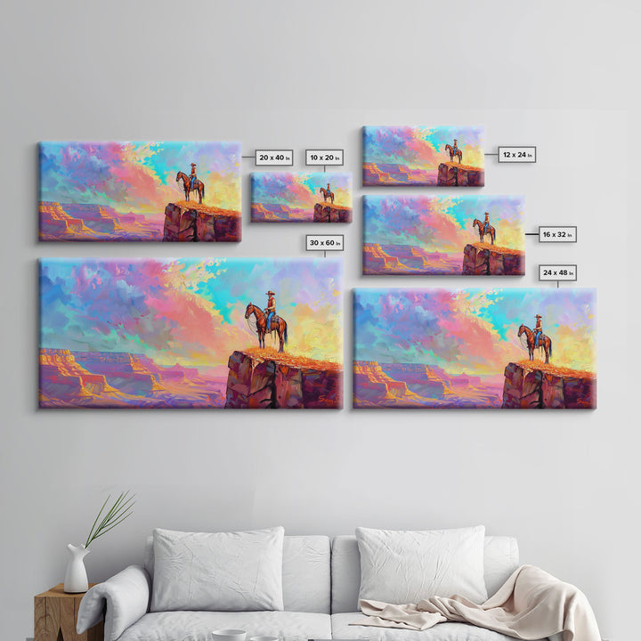 Cowboy on Horse with Colorful Sunset Sky, Farmhouse Style Framed Canvas Print for Living Room Wall Art, Vibrant Home Decor, Western Art