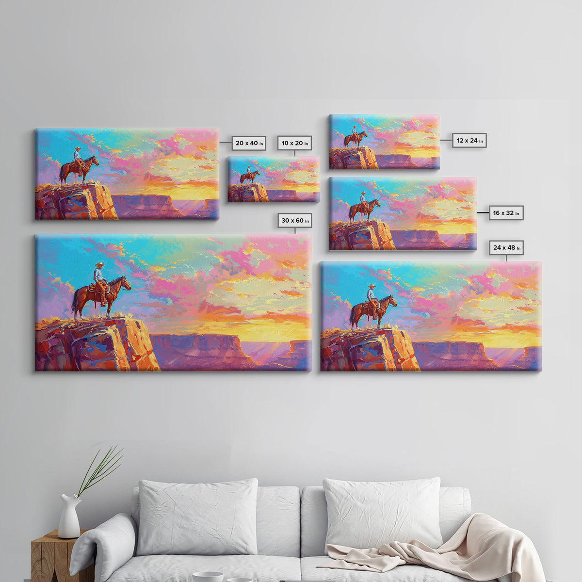 Cowboy Watching Sunset Over Canyon, Farmhouse Style Framed Canvas Print for Living Room Wall Art, Vibrant Home Decor, Western Landscape