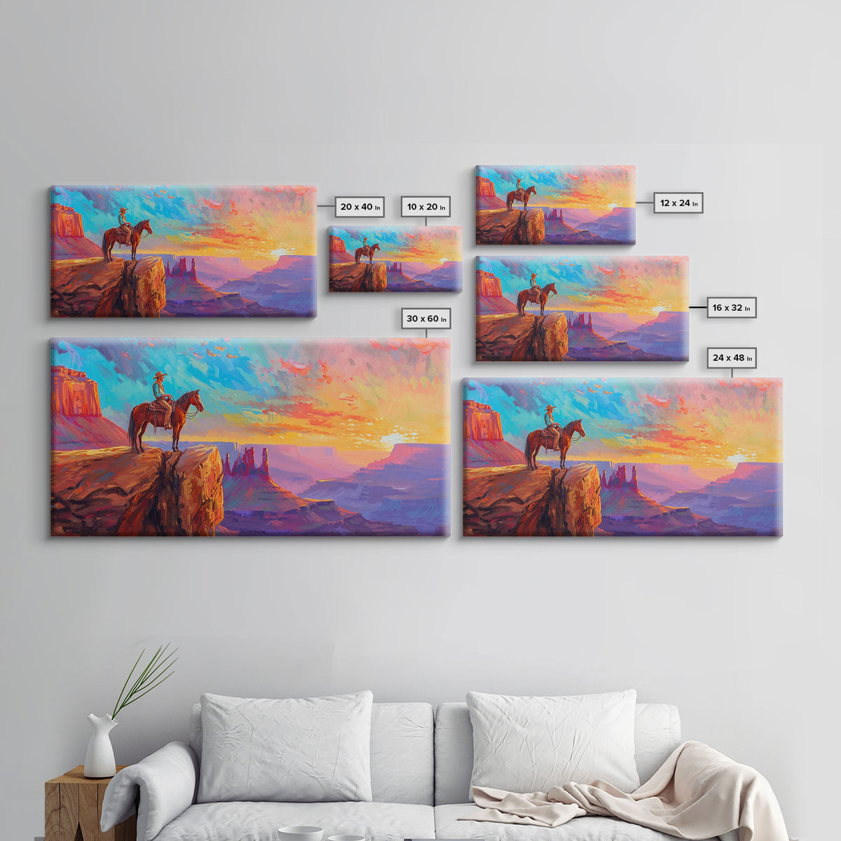 Cowboy and Horse with Canyon View, Farmhouse Style Framed Canvas Print for Bedroom Wall Art, Vibrant Home Decor, Western Scenic Art