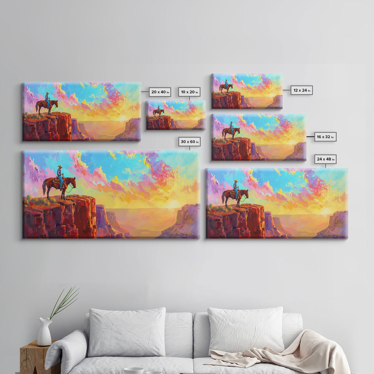 Cowboy on Horse Under Vibrant Sky, Farmhouse Style Framed Canvas Print for Bedroom Wall Art, Rustic Home Decor, Western Scenic Art