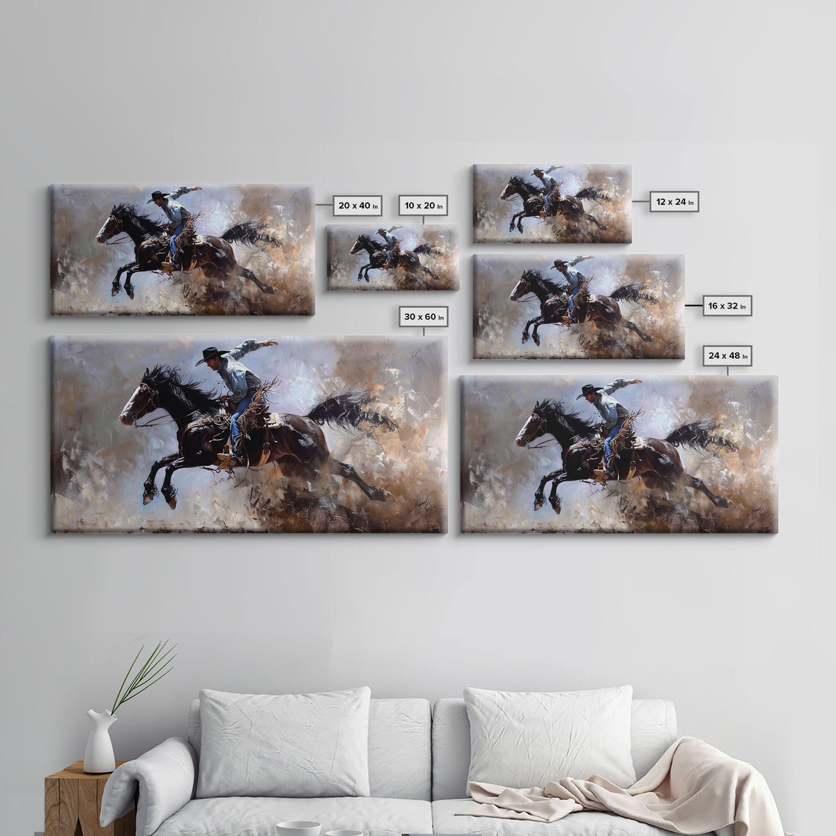 Colorful Cowboy Riding Horse in Dust, Farmhouse Style Framed Canvas Print for Living Room Wall Art, Vibrant Home Decor, Western Action Art