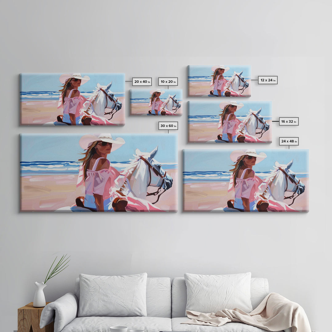 Elegant Cowgirl on Horse by the Shore, Beautiful Framed Canvas Print, Ideal for Coastal Living Room Art, Beach Bedroom Decor, Horse Wall Art