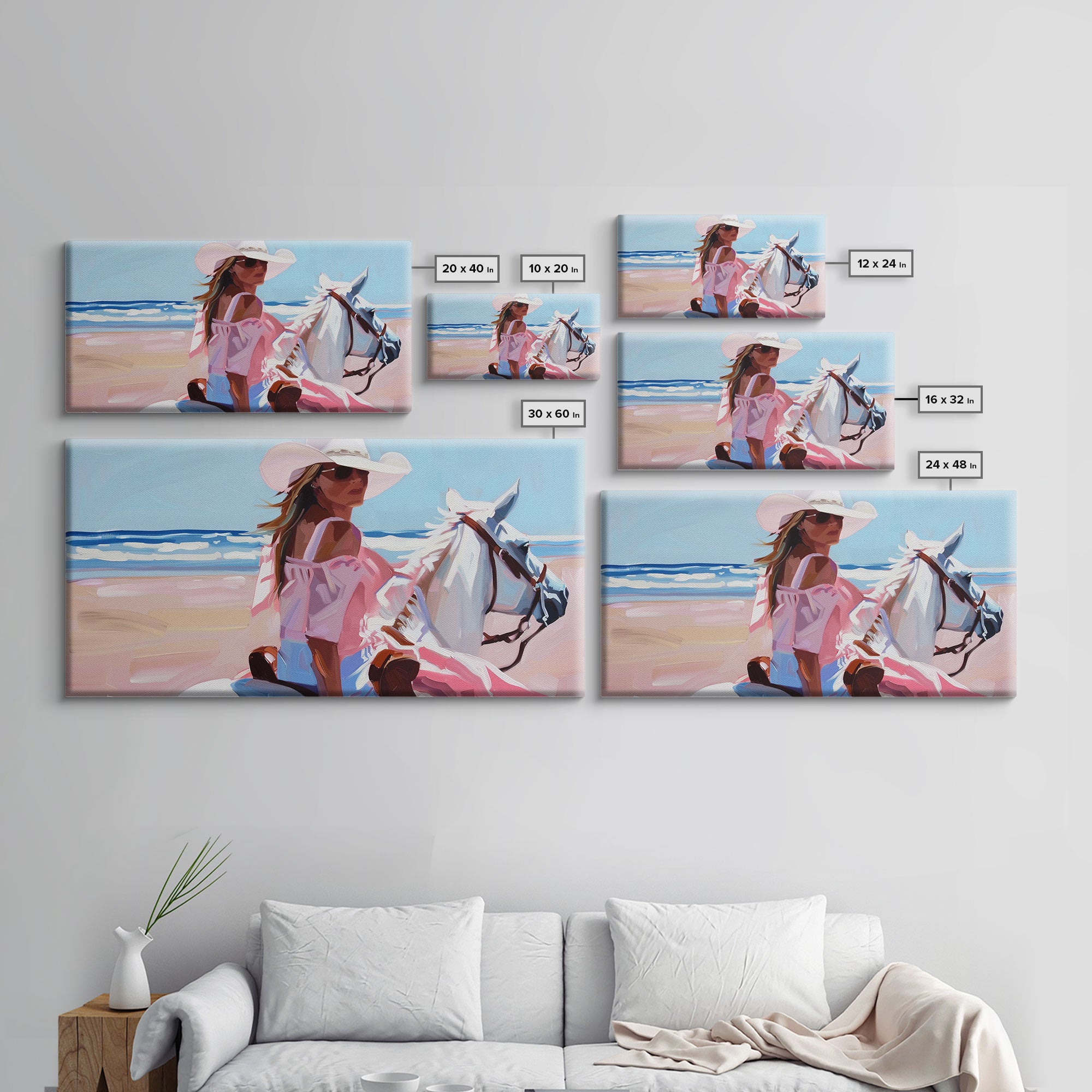 Elegant Cowgirl on Horse by the Shore, Beautiful Framed Canvas Print, Ideal for Coastal Living Room Art, Beach Bedroom Decor, Horse Wall Art
