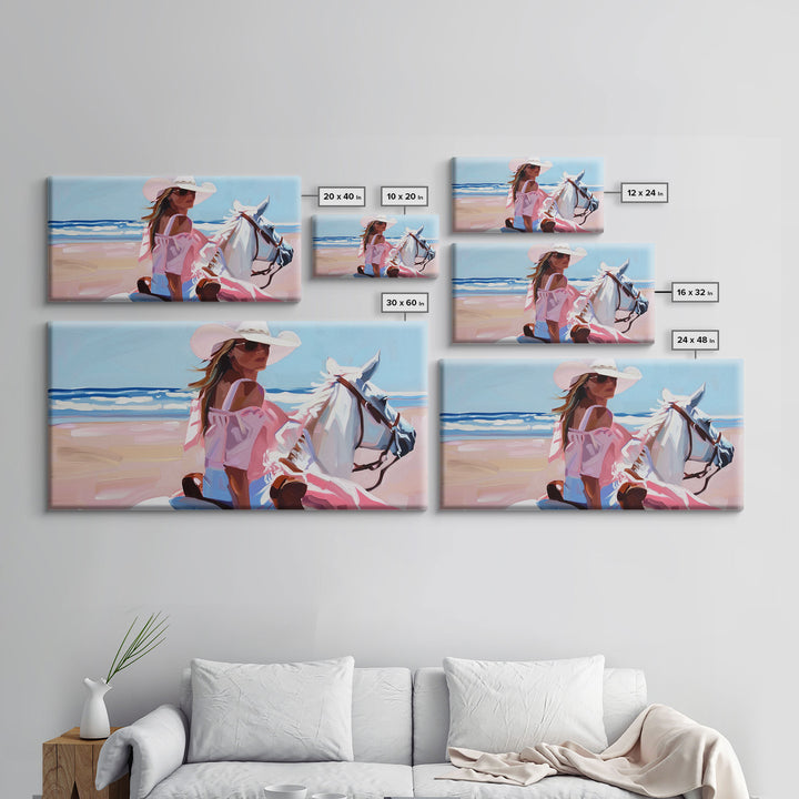 Elegant Cowgirl on Horse by the Shore, Beautiful Framed Canvas Print, Ideal for Coastal Living Room Art, Beach Bedroom Decor, Horse Wall Art
