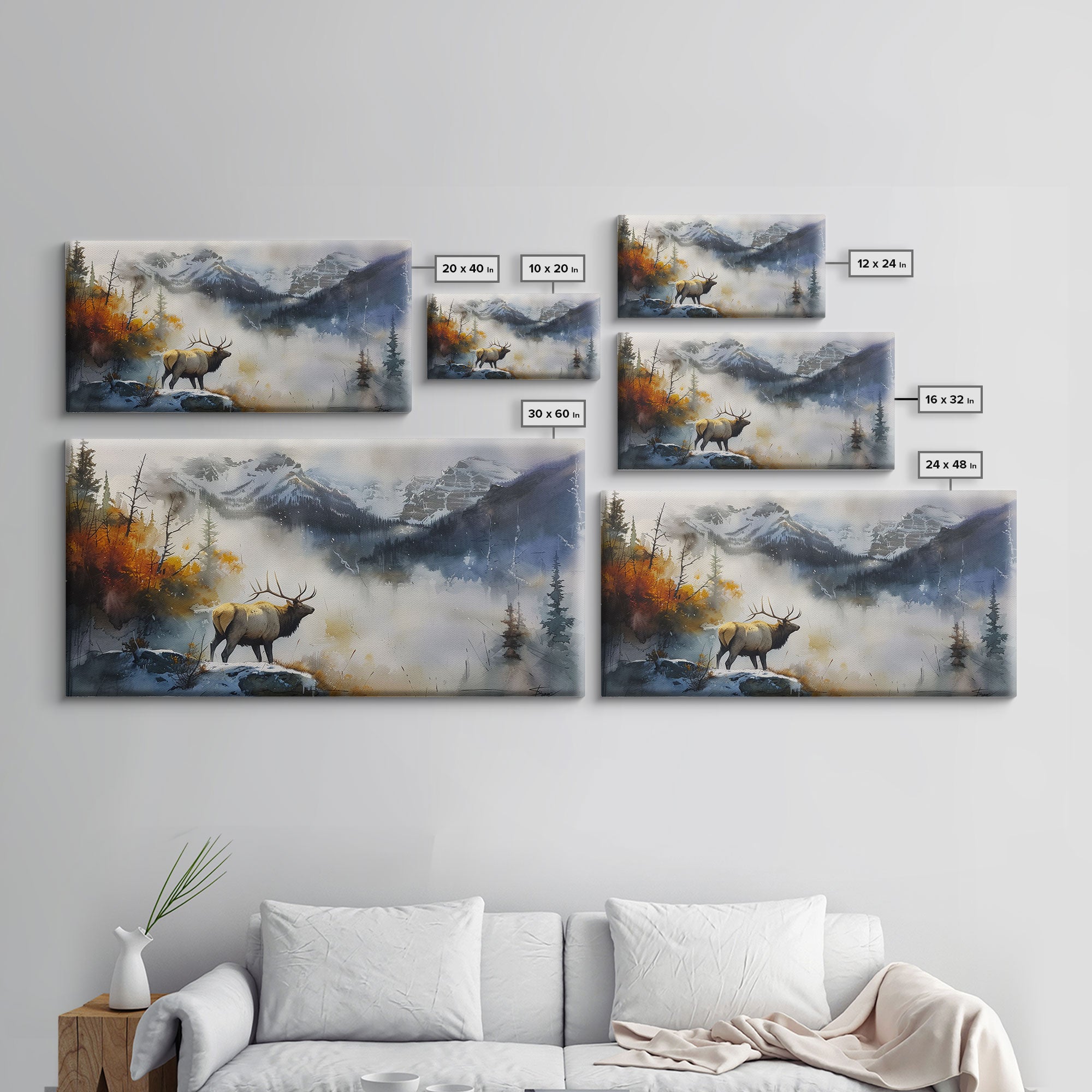 Majestic Elk in Misty Mountains, Framed Canvas Print, Perfect for Living Room Art, Rustic Bedroom Decor, Nature Wall Art, Wildlife Scene
