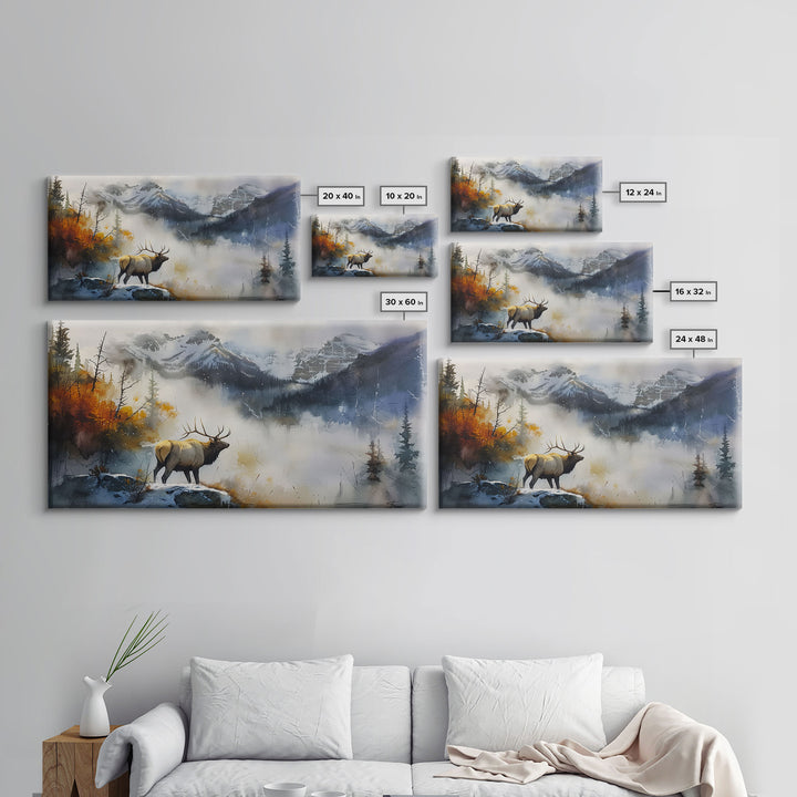 Majestic Elk in Misty Mountains, Framed Canvas Print, Perfect for Living Room Art, Rustic Bedroom Decor, Nature Wall Art, Wildlife Scene