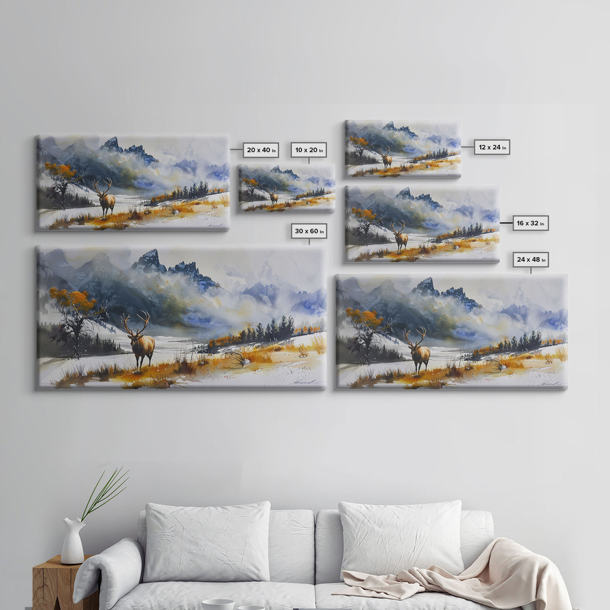 Majestic Elk in Snowy Mountain Scene, Beautiful Framed Canvas Print,for Living Room Art Rustic Bedroom Decor Nature Wall Art, Wildlife Scene