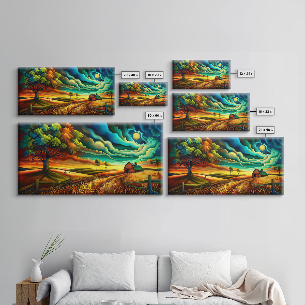 Vivid Abstract Farm Landscape with Dramatic Sky, Perfect Wall Art, Framed Canvas Print for Living Room or Bedroom Decor, Colorful Nature Art