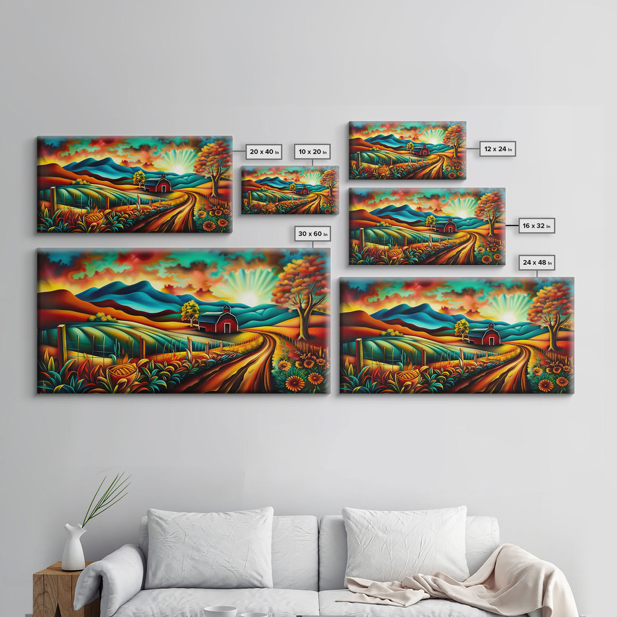 Colorful Farm Scene with Sunrise Over Mountains, Perfect Wall Art, Framed Canvas Print for Living Room or Bedroom Decor, Vibrant Nature Art