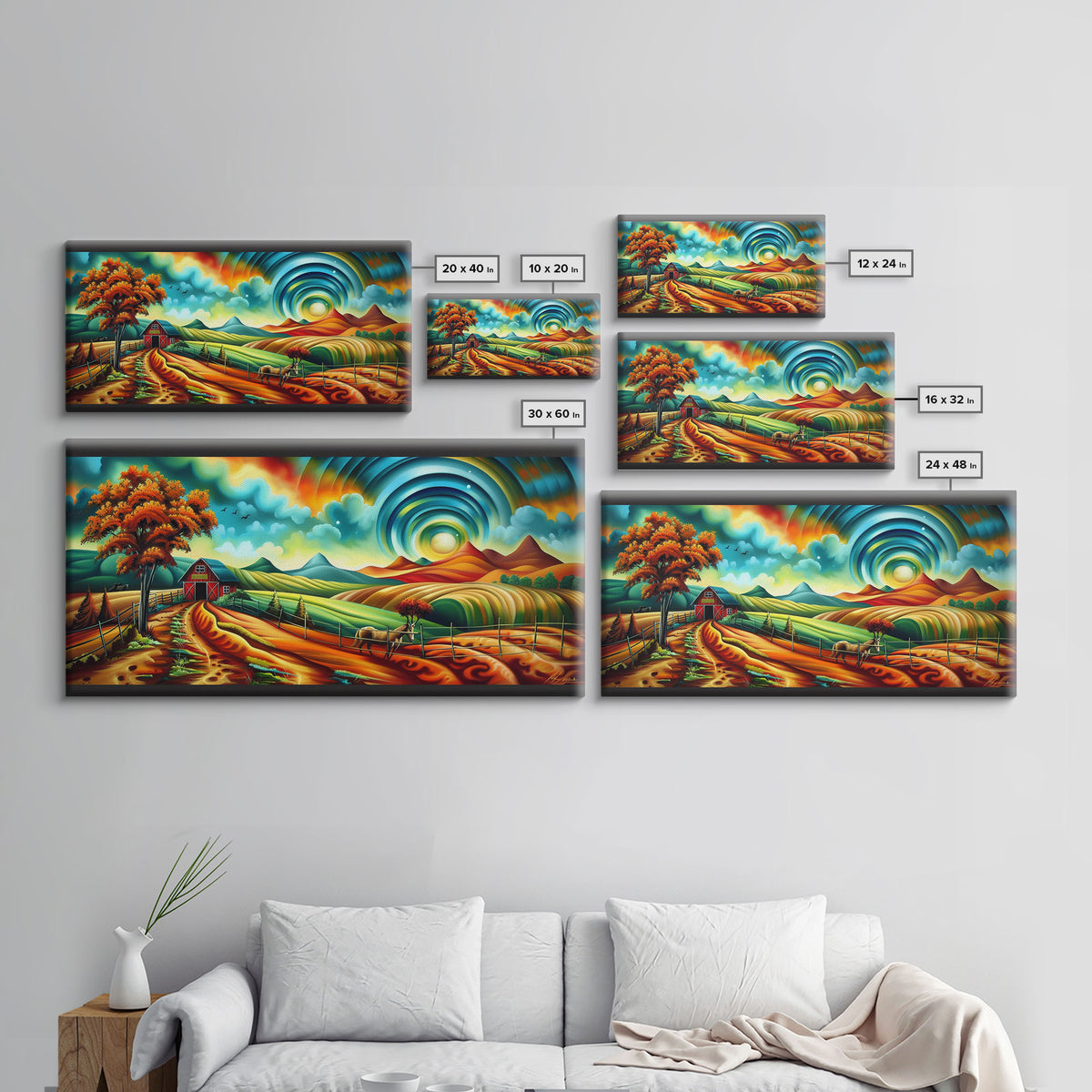 Colorful Abstract Farm Landscape with Rolling Hills, Perfect Wall Art, Framed Canvas Print Living Room or Bedroom Decor, Vibrant Nature Art