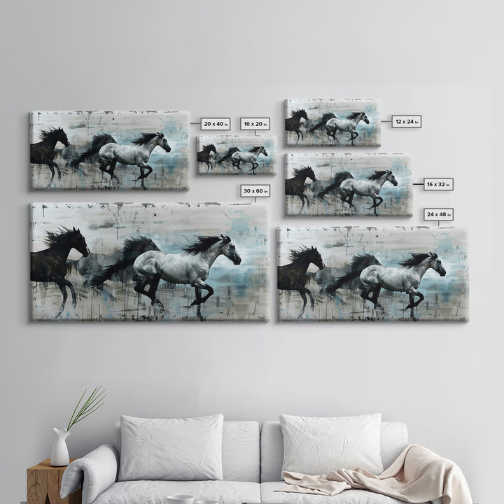 Black and White Horses Running in Abstract Landscape, Ideal Wall Art, Framed Canvas Print for Living Room or Bedroom Decor, Colorful Art