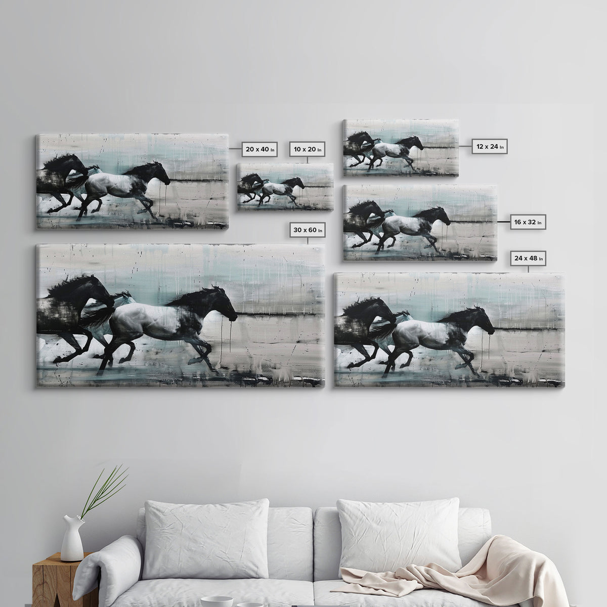 Colorful Abstract Horses Running, Black and White Wall Art, Framed Canvas Print for Living Room or Bedroom Decor, Equestrian Art