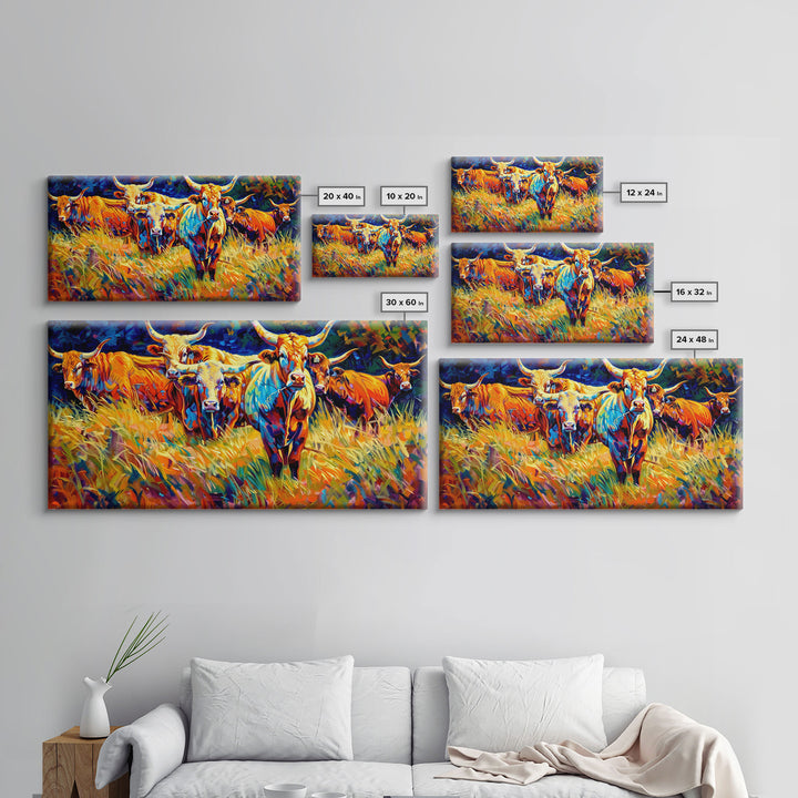 Beautiful Herd of Cattle in Colorful Style, Living Room Art, Framed Canvas Print, Bedroom Decor, Home Decoration, Artistic Farmhouse Decor