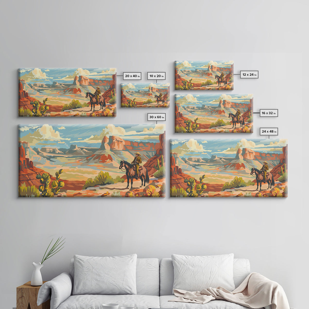 Cowboy Riding through Canyon, Framed Canvas Print for Rustic Living Room Decor, Western Art for Home and Bedroom Decoration