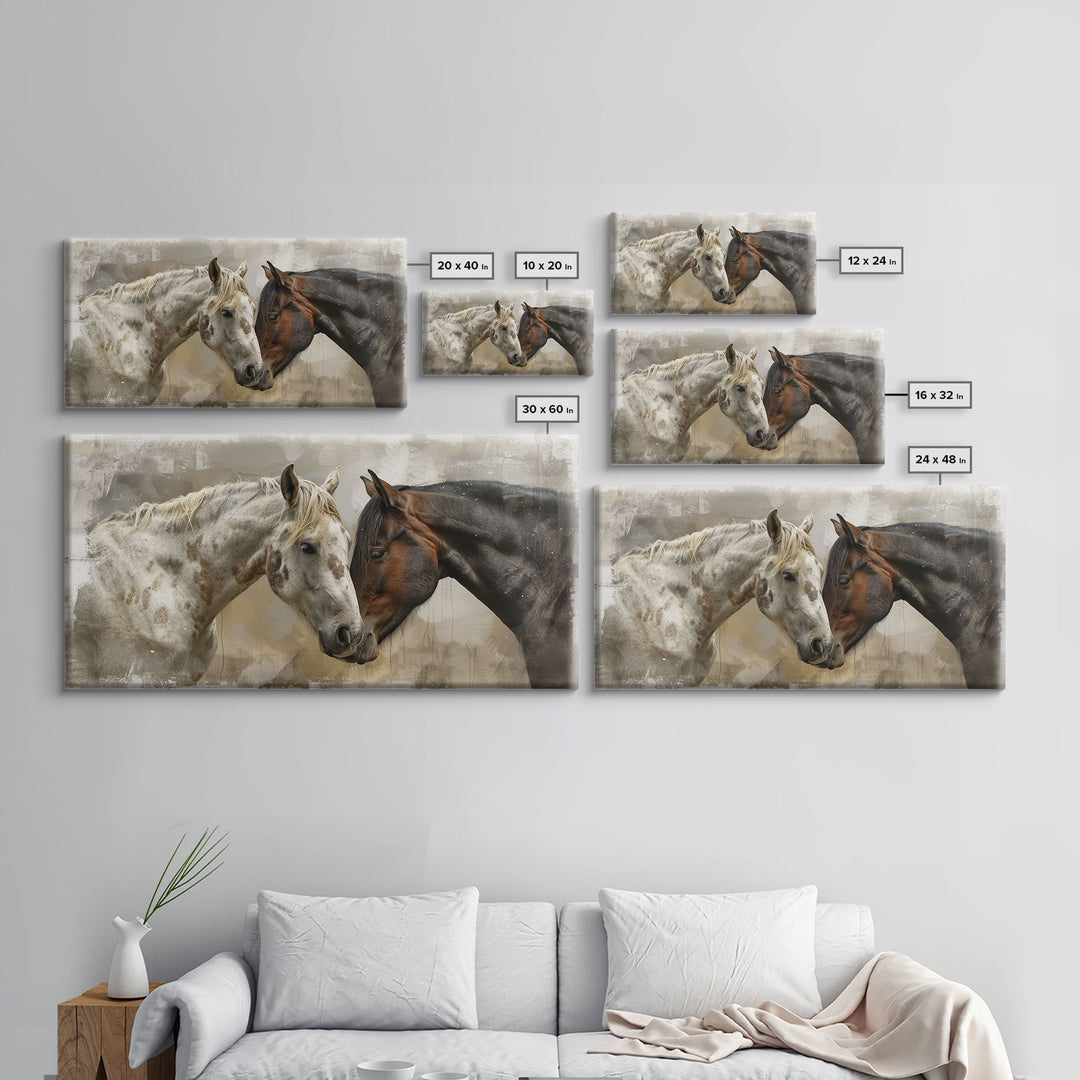 Horse Pair in Artistic Setting, Framed Canvas Print for Elegant Living Room Decor, Equine Art for Home and Bedroom Decoration