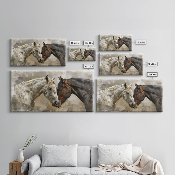 Horse Pair in Artistic Setting, Framed Canvas Print for Elegant Living Room Decor, Equine Art for Home and Bedroom Decoration