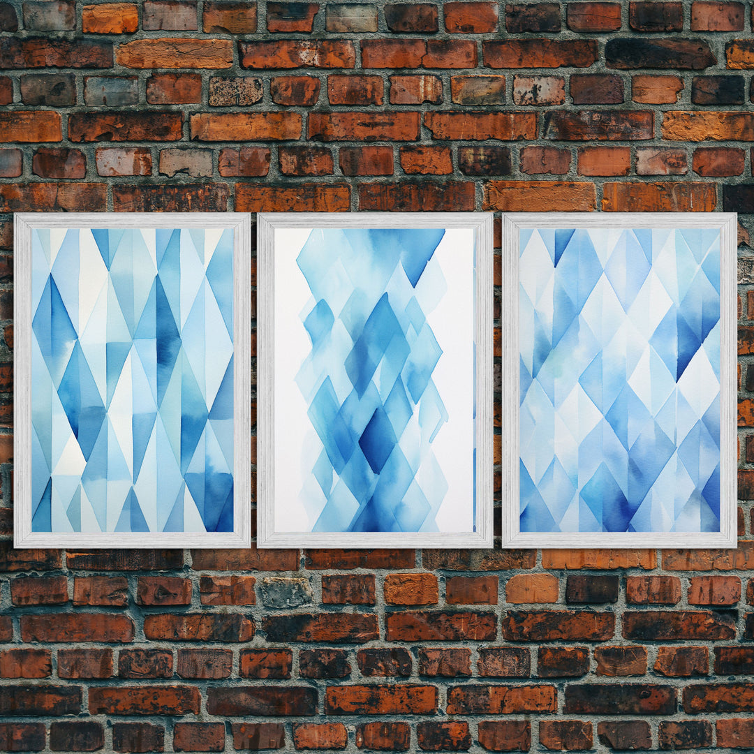 Watercolor Blue Geometric Pastel Diamond Art, Framed Canvas Print, Minimalist / Abstract Midcentury Modern Art, MCM Art, Living Room Decor