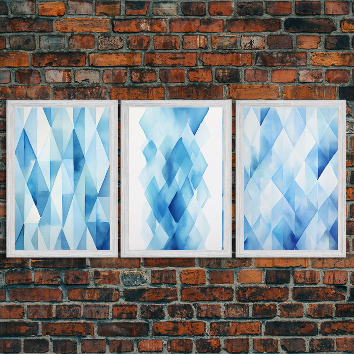 Watercolor Blue Geometric Pastel Diamond Art, Framed Canvas Print, Minimalist / Abstract Midcentury Modern Art, MCM Art, Living Room Decor