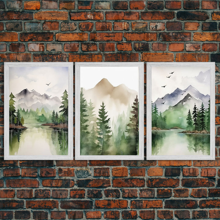Green Forest Watercolor Framed Canvas Wall Art Set, Green Forest Lake Vintage Landscape Prints Rustic Farmhouse 3 Piece Wall Decor