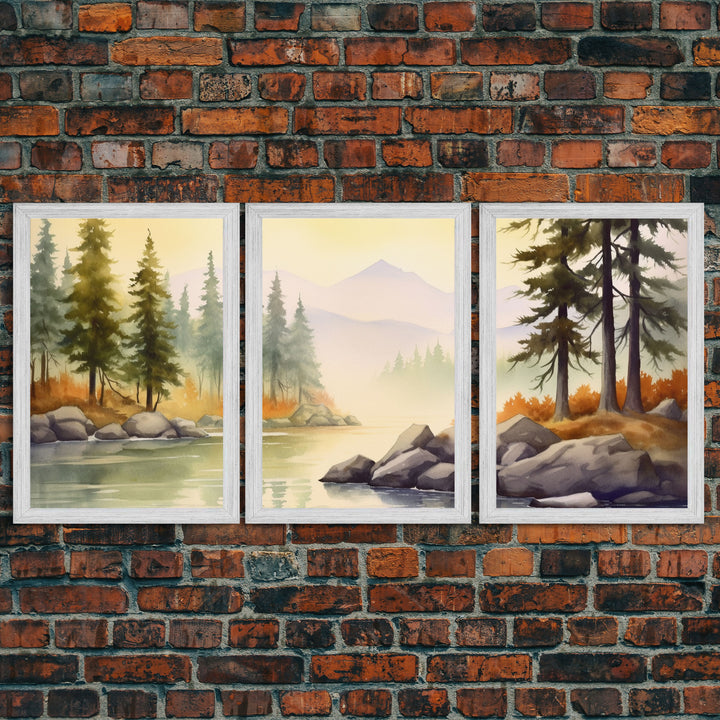 Beautiful Wall Art 3 Piece Canvas Print Framed Wall Decor, Watercolor Landscape Painting Print, Pacific Northwest, Oregon Art