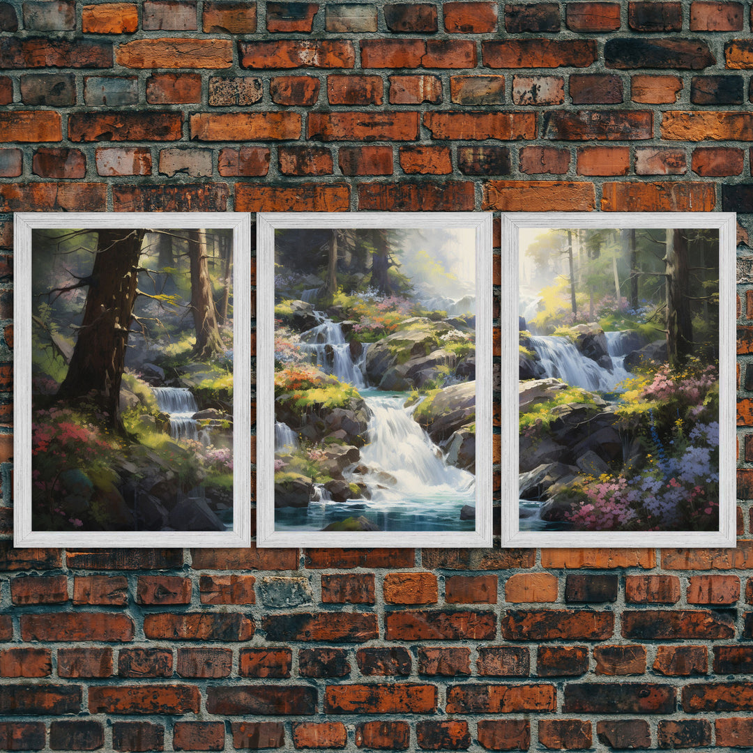 The Secret Waterfall, 3 Piece Set, Framed Canvas Print, Fantasy Wall Art, Watercolor Painting, Whimsical Minimalist Decor, Farmhouse Art
