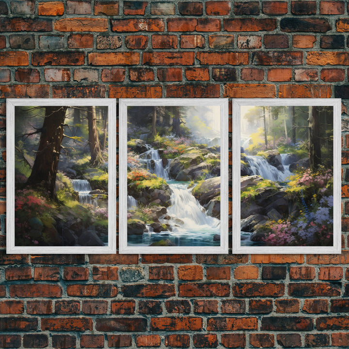 The Secret Waterfall, 3 Piece Set, Framed Canvas Print, Fantasy Wall Art, Watercolor Painting, Whimsical Minimalist Decor, Farmhouse Art