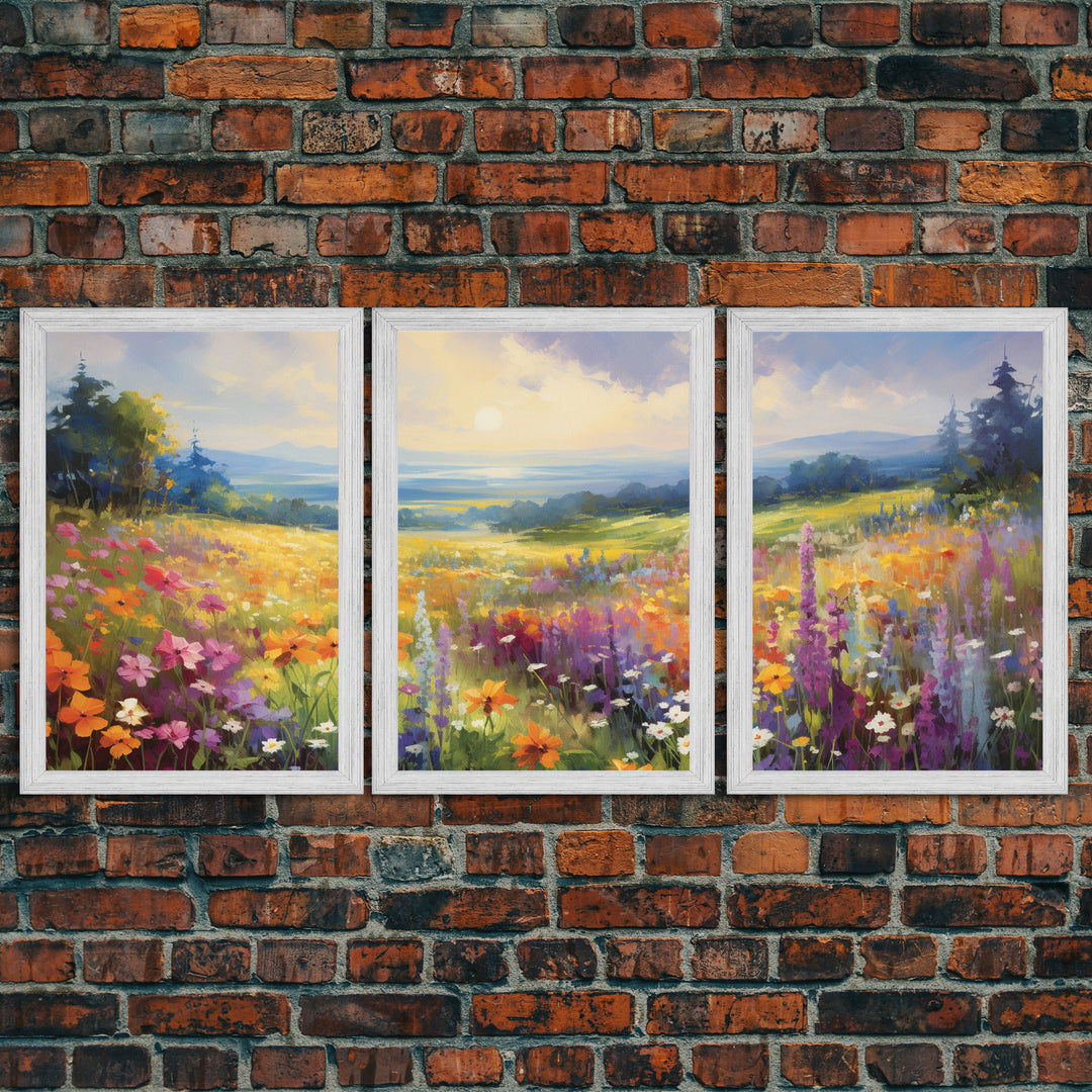 Beautiful Wildflowers Triptych, Wild Flower Art, Watercolor Floral Framed Canvas Print, Wall Art, Rustic Farmhouse Decor, 3 Piece Set
