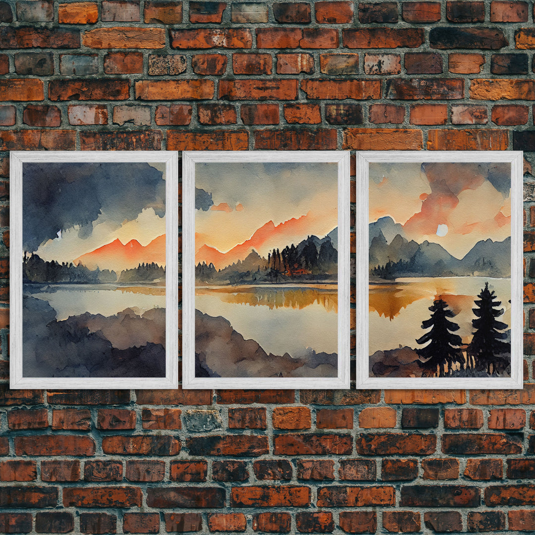 3 Piece Canvas Wall Decor, Ready To Hang Canvas Prints, Watercolor Of A Forest Fire, Orange Landscape Sunset Art, Canvas Wall Decor