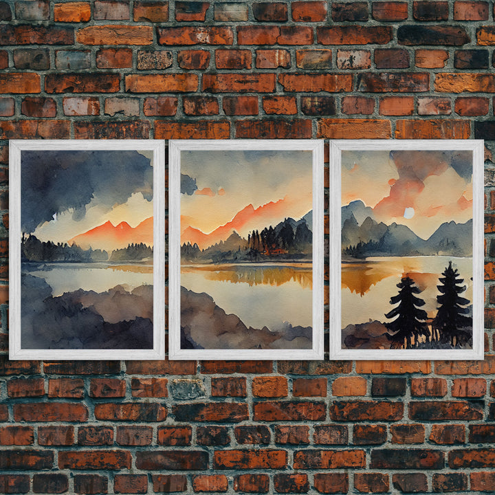 3 Piece Canvas Wall Decor, Ready To Hang Canvas Prints, Watercolor Of A Forest Fire, Orange Landscape Sunset Art, Canvas Wall Decor