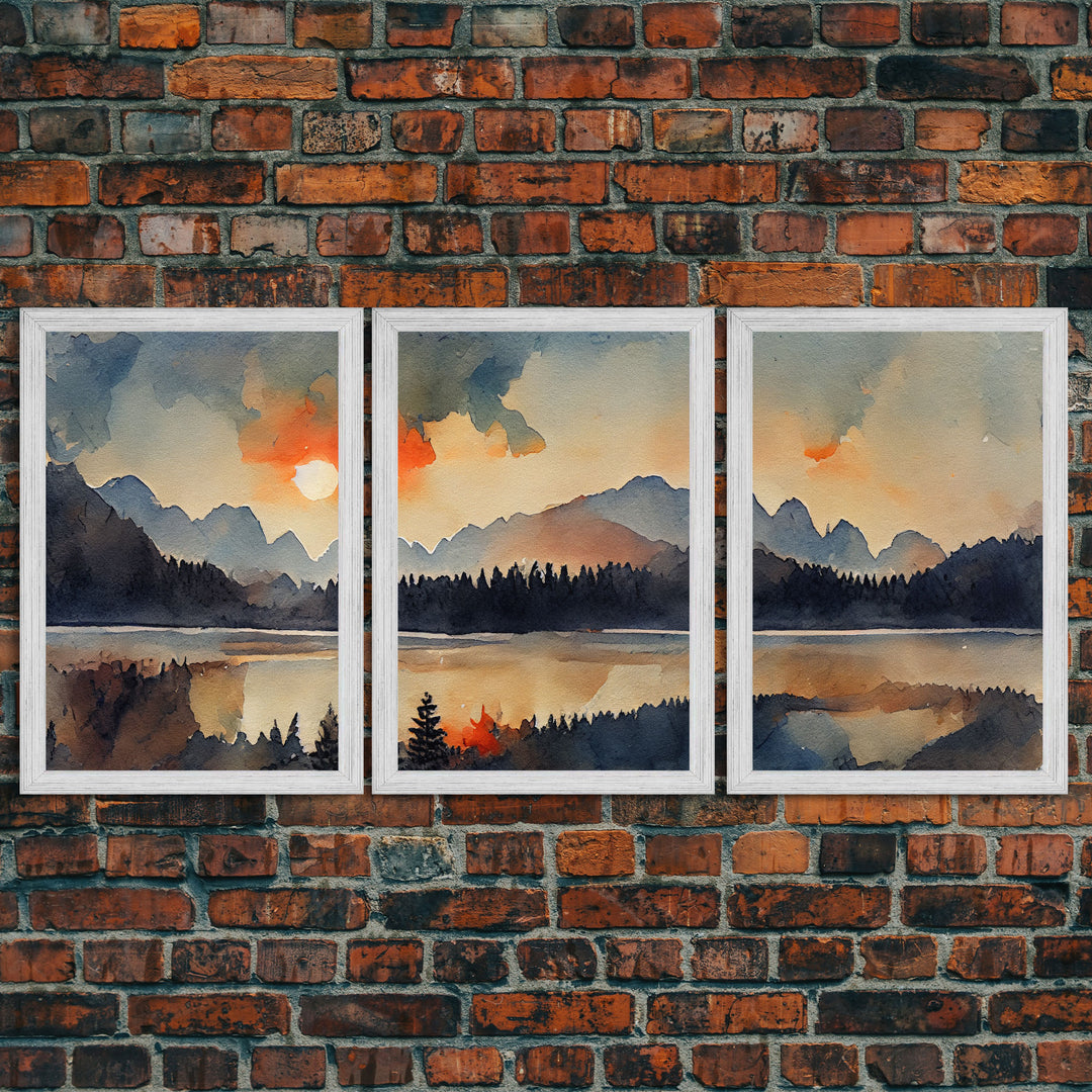 Watercolor Painting Of A Sunrise, Orange Forest and Mountain Landscape, 3 Piece Canvas Decor, 3 Piece Wall Art, Ready To Hang Canvas Prints