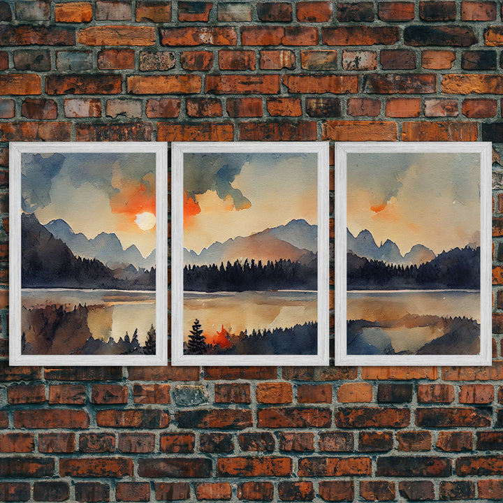Watercolor Painting Of A Sunrise, Orange Forest and Mountain Landscape, 3 Piece Canvas Decor, 3 Piece Wall Art, Ready To Hang Canvas Prints